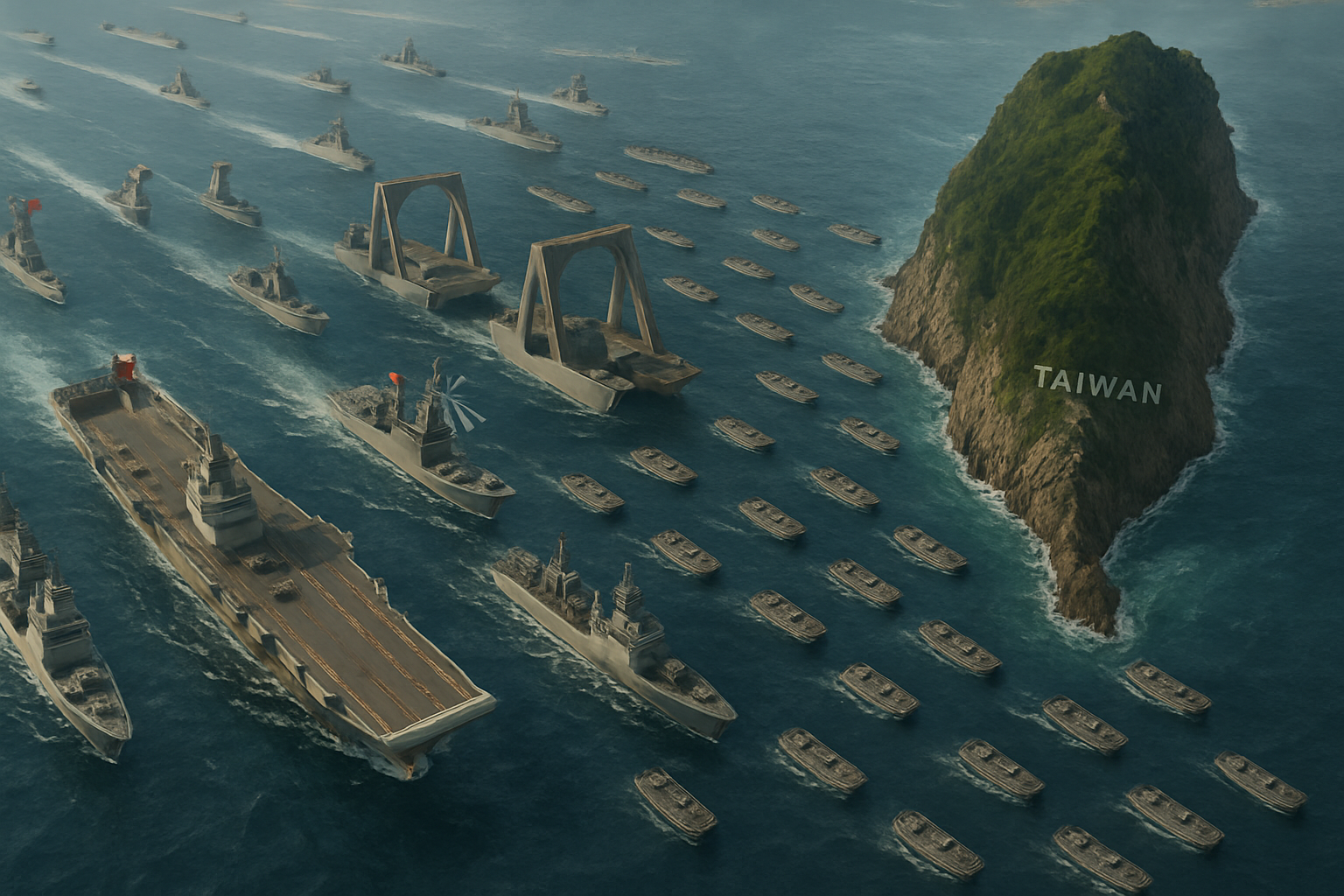 A Chinese armada as seen from the sky approaches Taiwan  Leading the way are aircraft carriers a dozen missile destroyers four huge sea bridge ships d