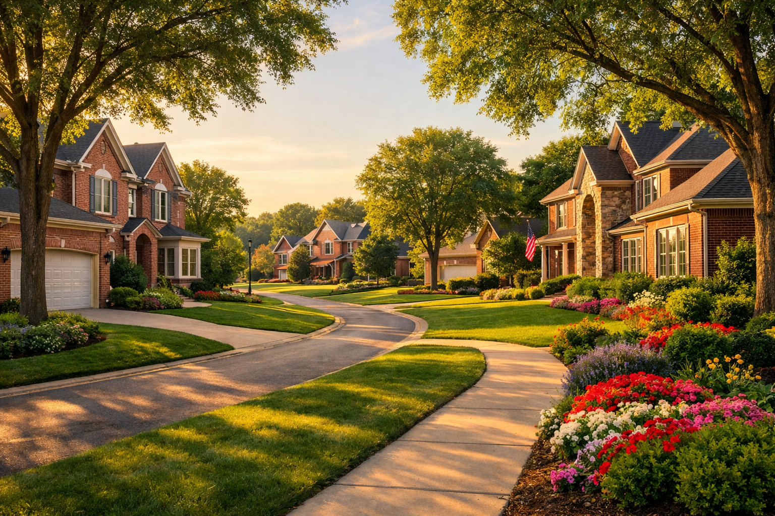 A picturesque uppermiddleclass subdivision in Indianapolis featuring elegant brick homes adorned with manicured lawns that stretch into the horizon To-1