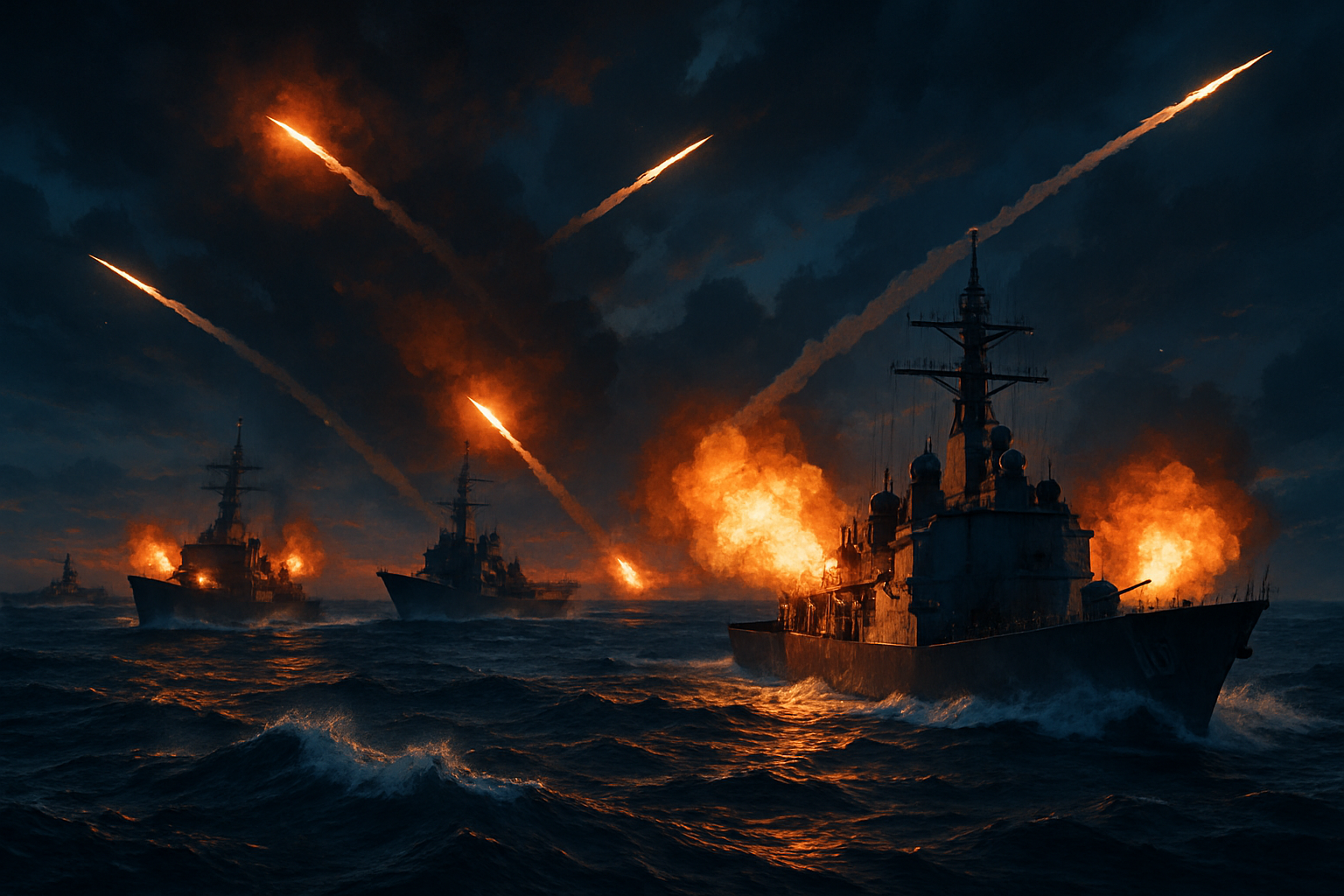 Amidst the tumultuous sea off the coast of Taiwan a fleet of formidable warships engages in a fierce battle Explosions illuminate the darkening sky as