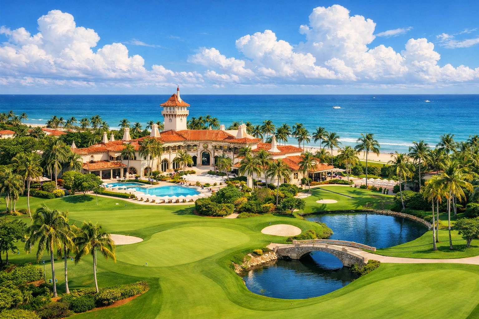 Capture a vibrant aerial view of the MaraLago hotel and golf course bathed in the warm glow of a sunny cheerful day The lush greens of the manicured g-1