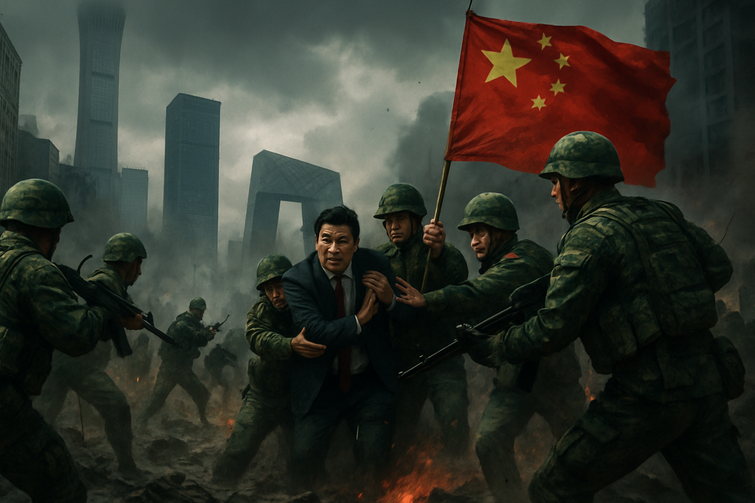 In a dramatic welllit scene set in the heart of Beijing towering skyscrapers loom over a chaotic battleground Four formidable PLA army groups clash wi
