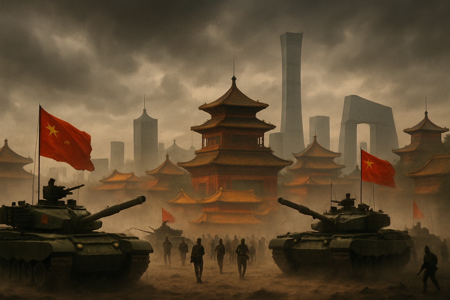 In a tense and dramatic scene with plenty of lighting a formidable ring of Chinese tanks and troops encircles the sprawling metropolis of Beijing thei-1