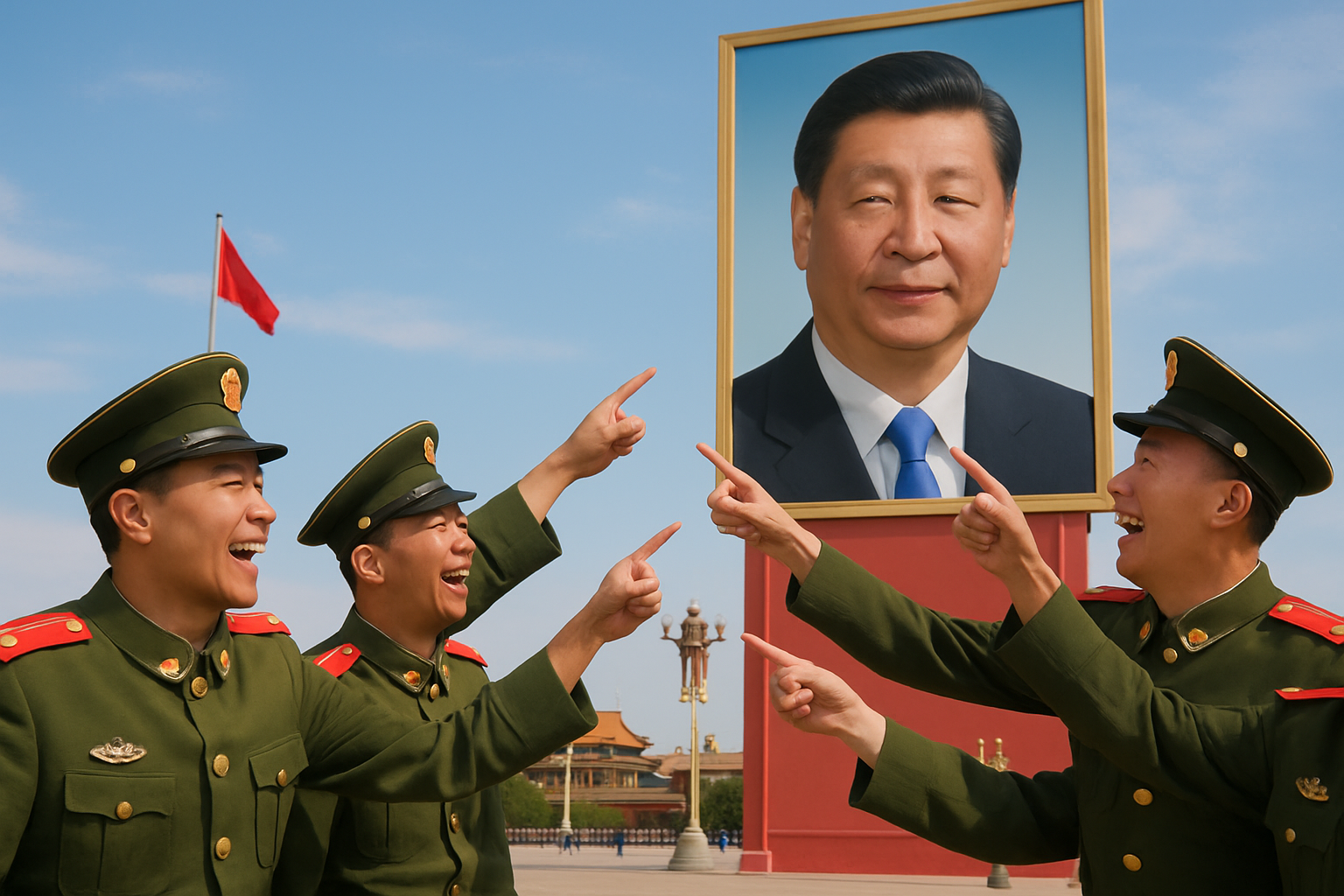 In a well lit square Chinese soldiers are pointing upwards at a poster of Xi Jinping and laughing in derision