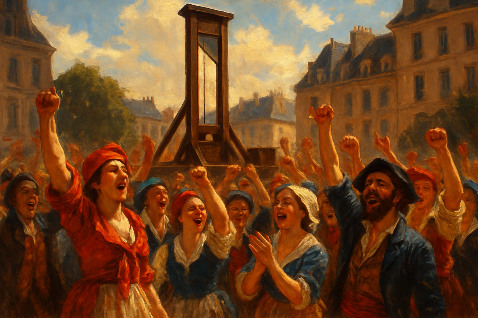 On a bright sunny day In the heart of a bustling Parisian public square during the French Revolution a vivid scene unfolds A towering guillotine looms