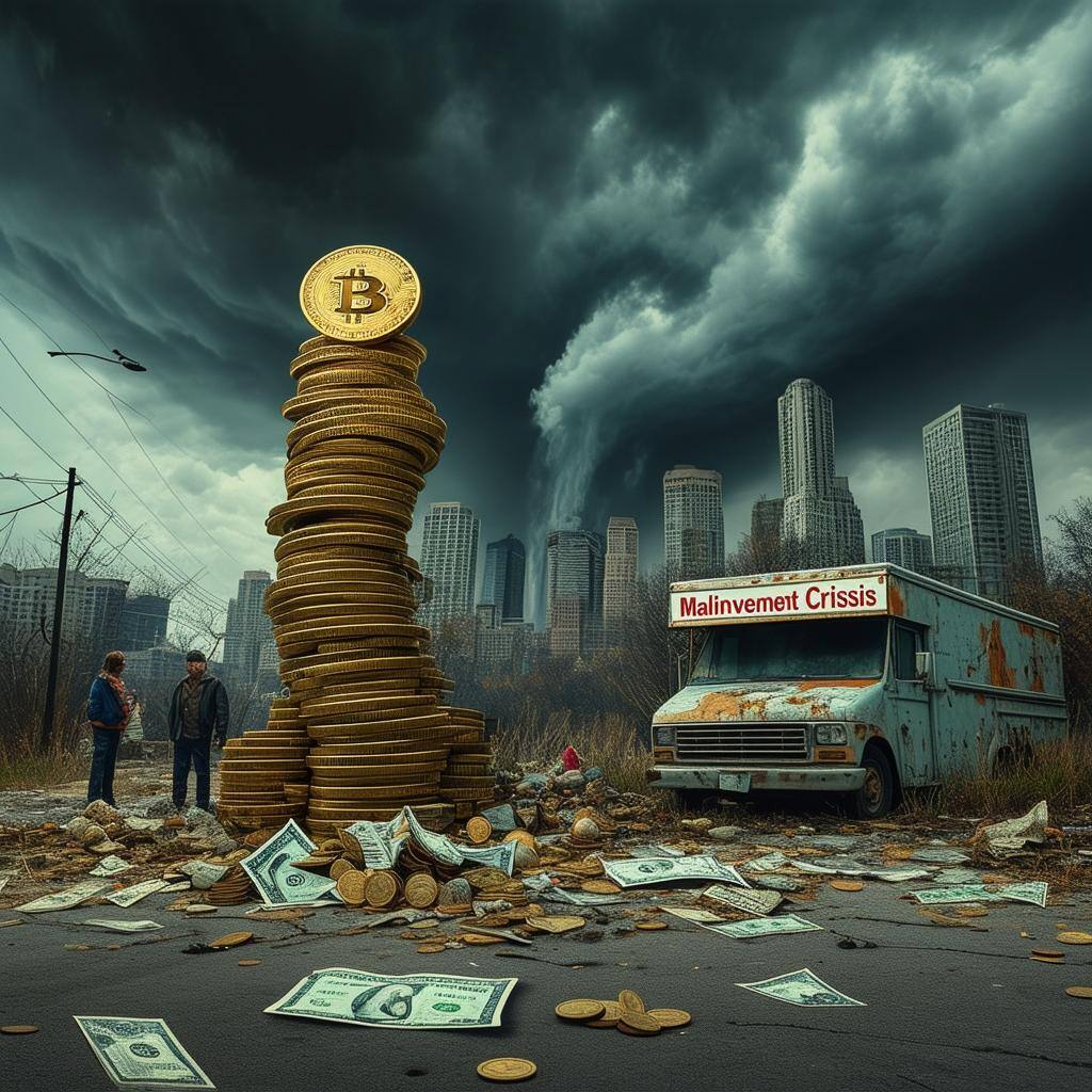 The image features a chaotic financial landscape, dominated by a towering, crumbling stack of oversized coins labeled Bitcoin, symbolizing the weigh