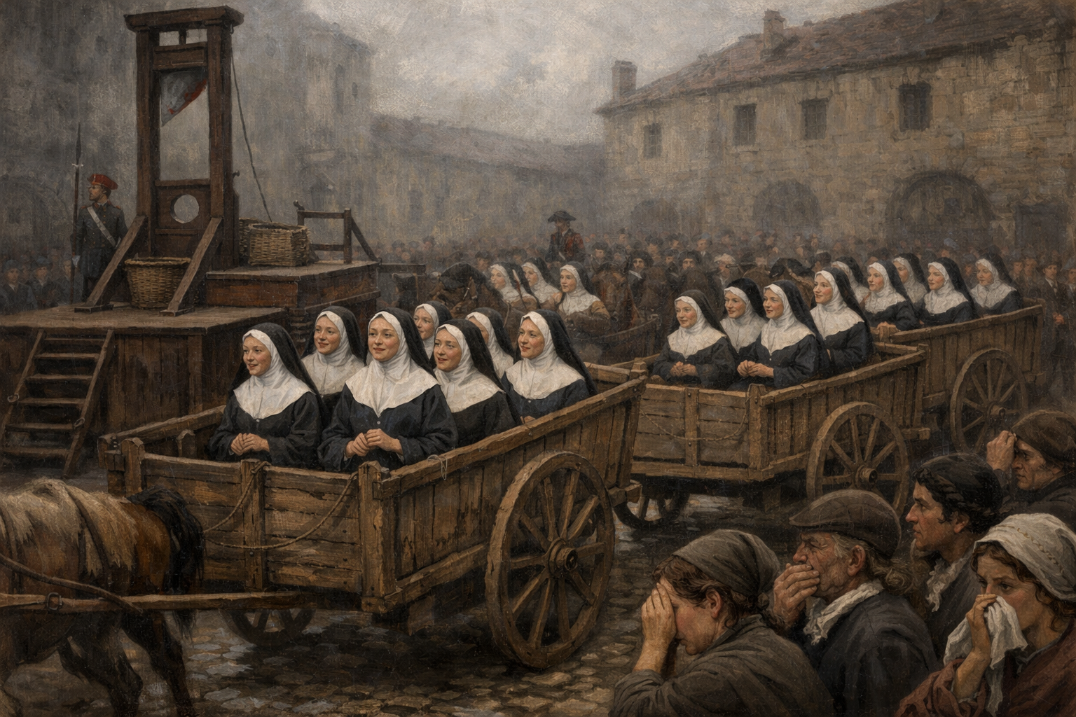 The year is 1794 A guillotine is standing in the courtyard and a crowd as gathered around it The crowd is silent Many are horrified Many are cryin