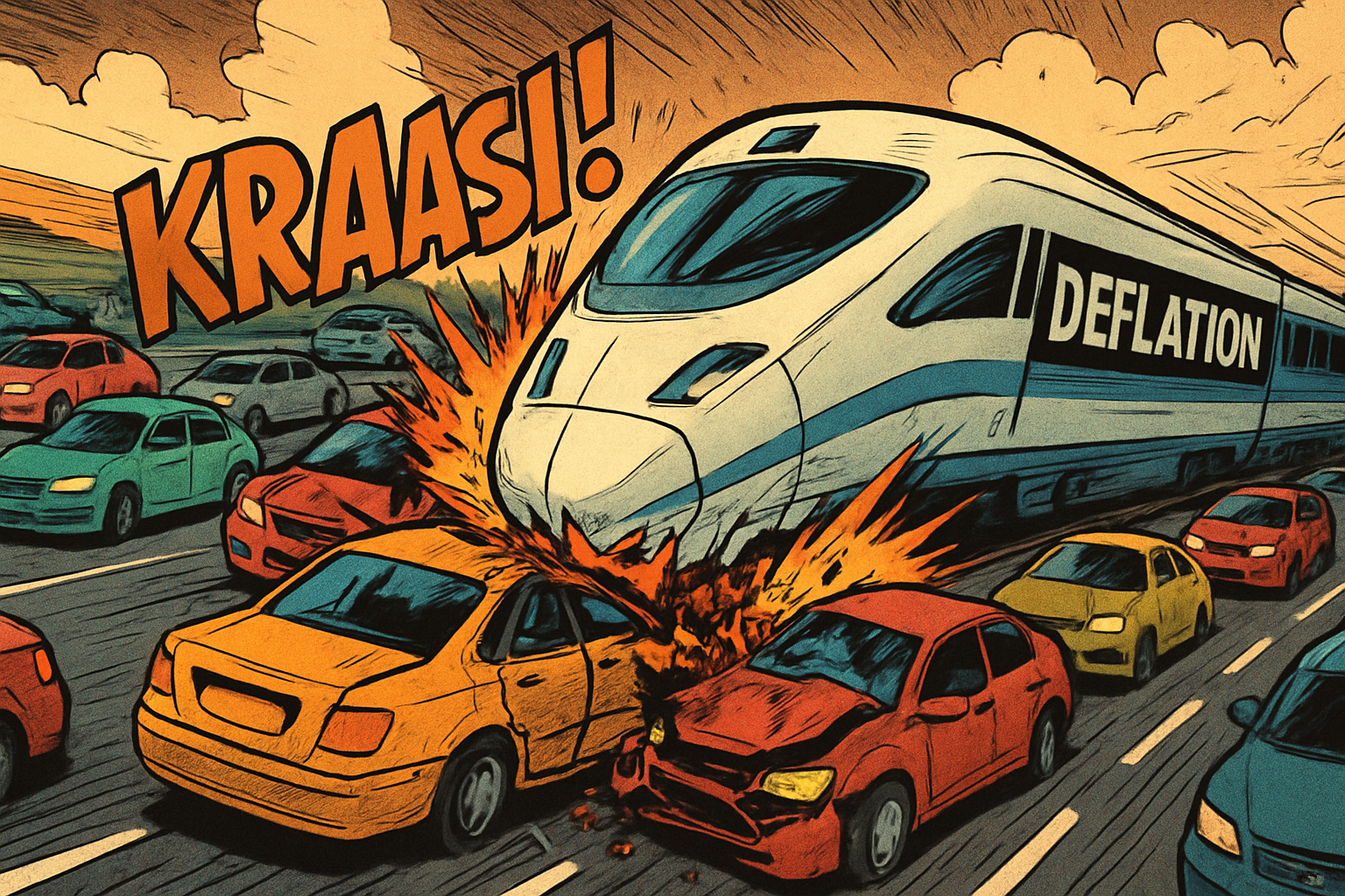 comicbook We have a busy 6lane highway filled with cars headed left to right  Crashing into them is a high speed train travel in the wrong direction-1