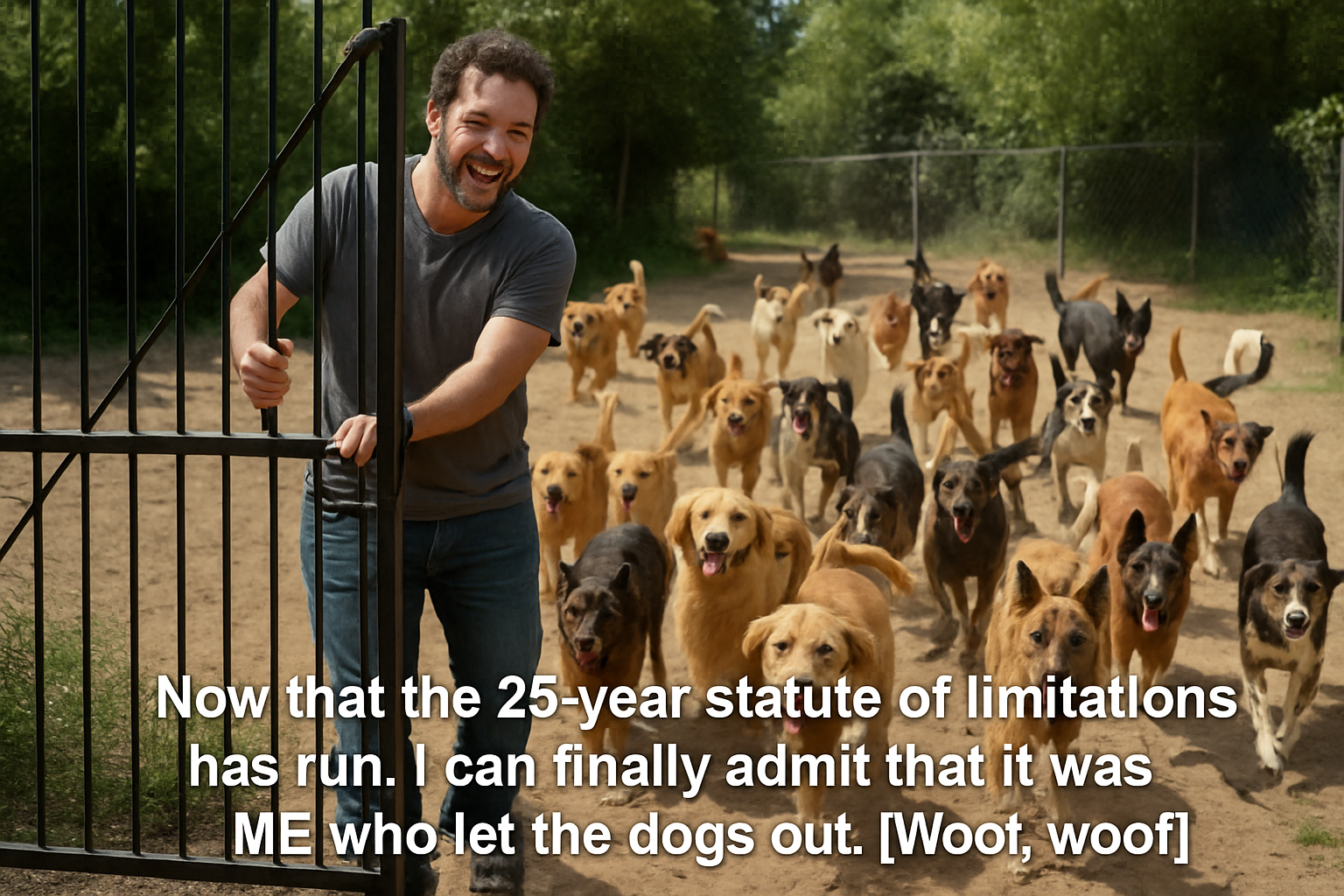 photographic A smiling man opens the gate to allow thirty dogs out to play The caption reads Now that the 25year statute of limitations has run I ca